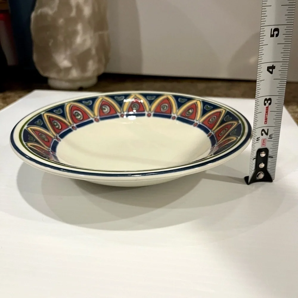 Pier 1 Bowl Red, Blue. Yellow Geometric Pattern 8 1/4 inches